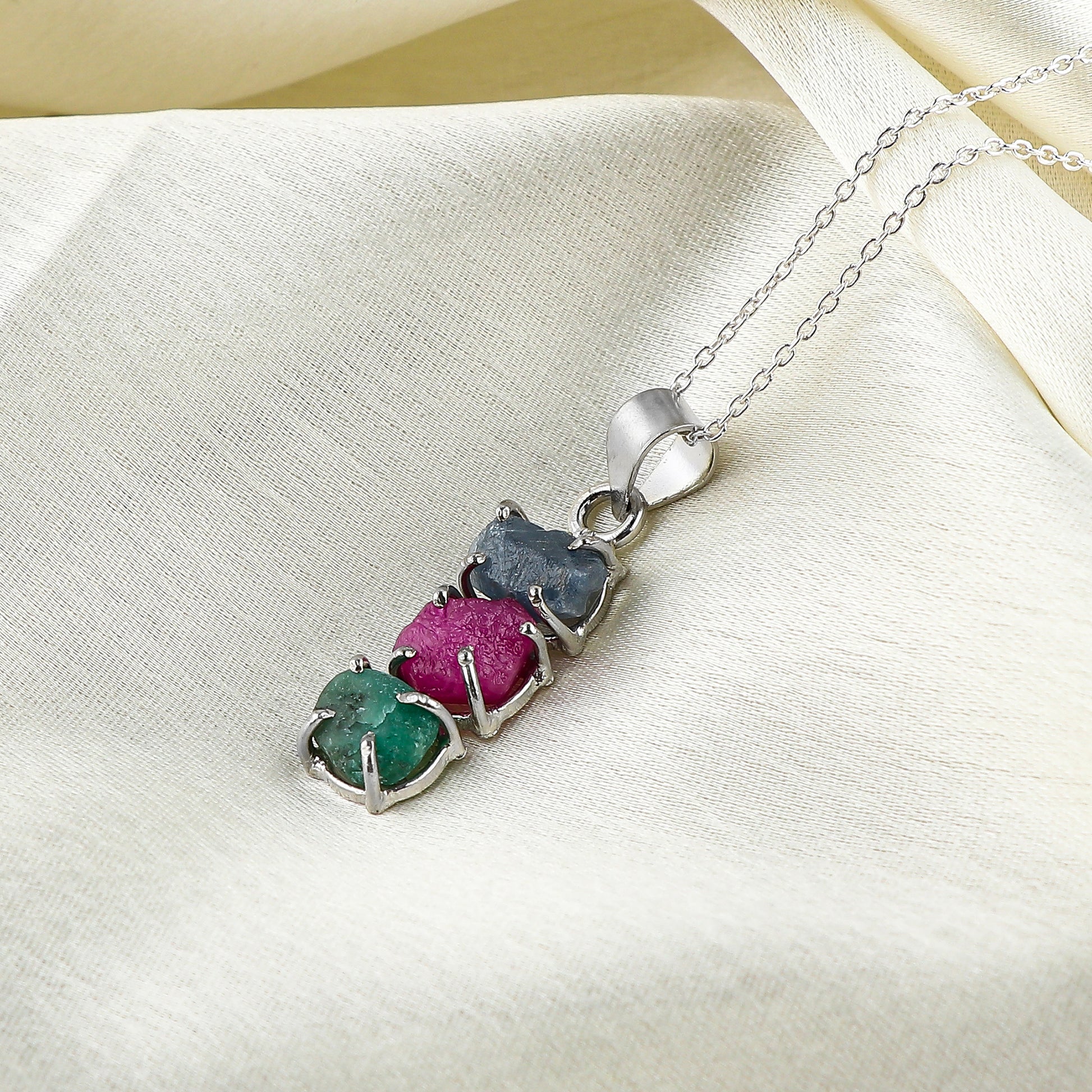 Natural Sapphire, Emerald, Ruby Raw Crystal Pendant Necklace with Healing energies