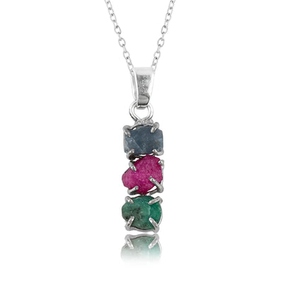 Sapphire, Ruby, Emerald Raw Crystal Pendant Necklace | AA+ Natural Gemstone | Sterling Silver Plated Jewelry | Multi-color Prong Style Fine Jewelry | 16 inch chain + 2 inch extender