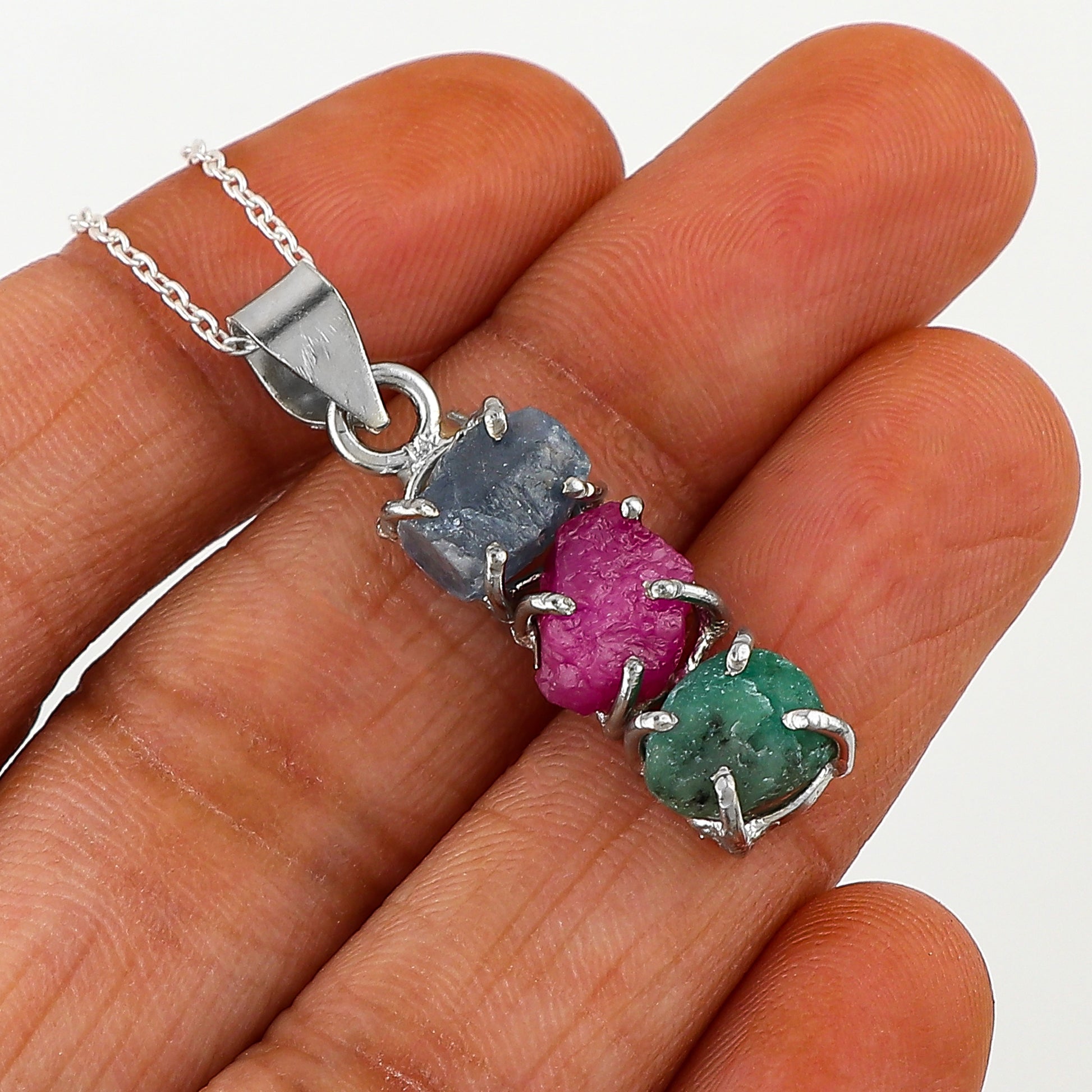 Featuring Sapphire, Emerald, Ruby Gemstone Pendant Necklace in Silver Plated Chain
