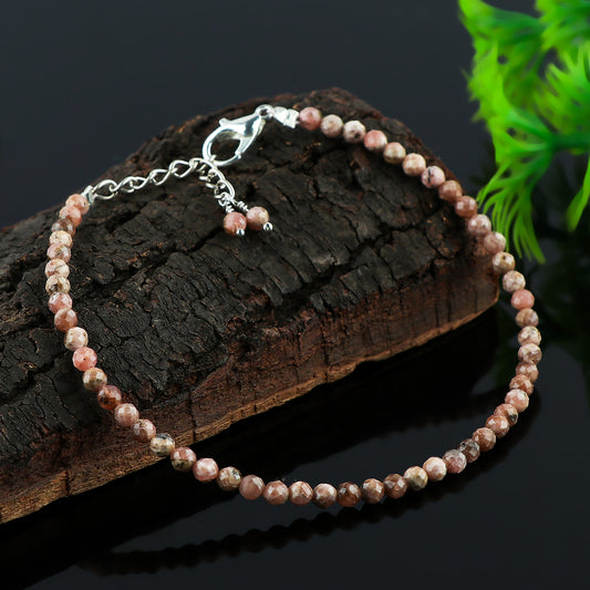 Natural Rhodochrosite Micro-Faceted Beads Bracelet | Pink Gemstone