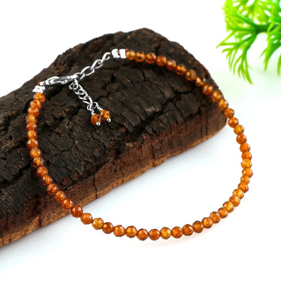 Orange Hessonite Garnet Micro Faceted Bead Bracelet in Silver Plated Finish