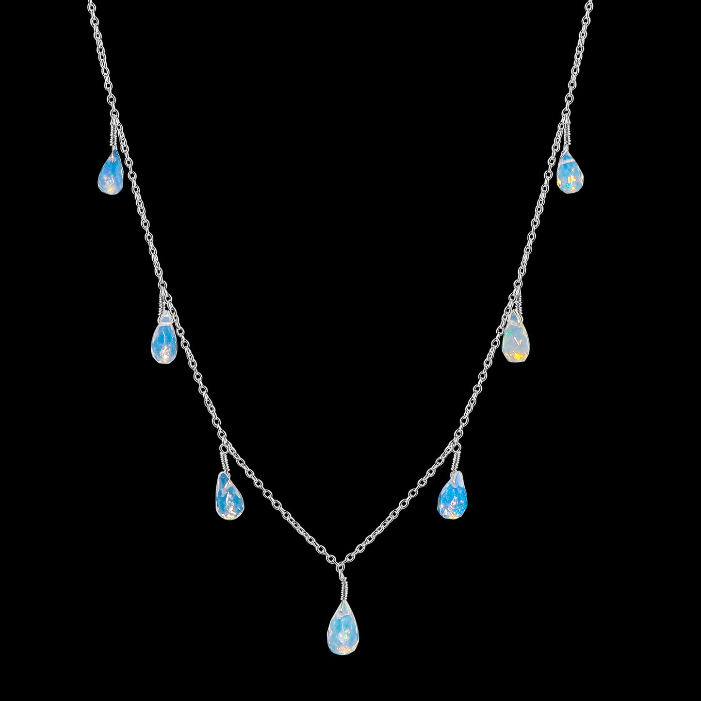 925 Silver polished Multicolour 22 Ct 7 Drop Ethiopian Opal Necklace