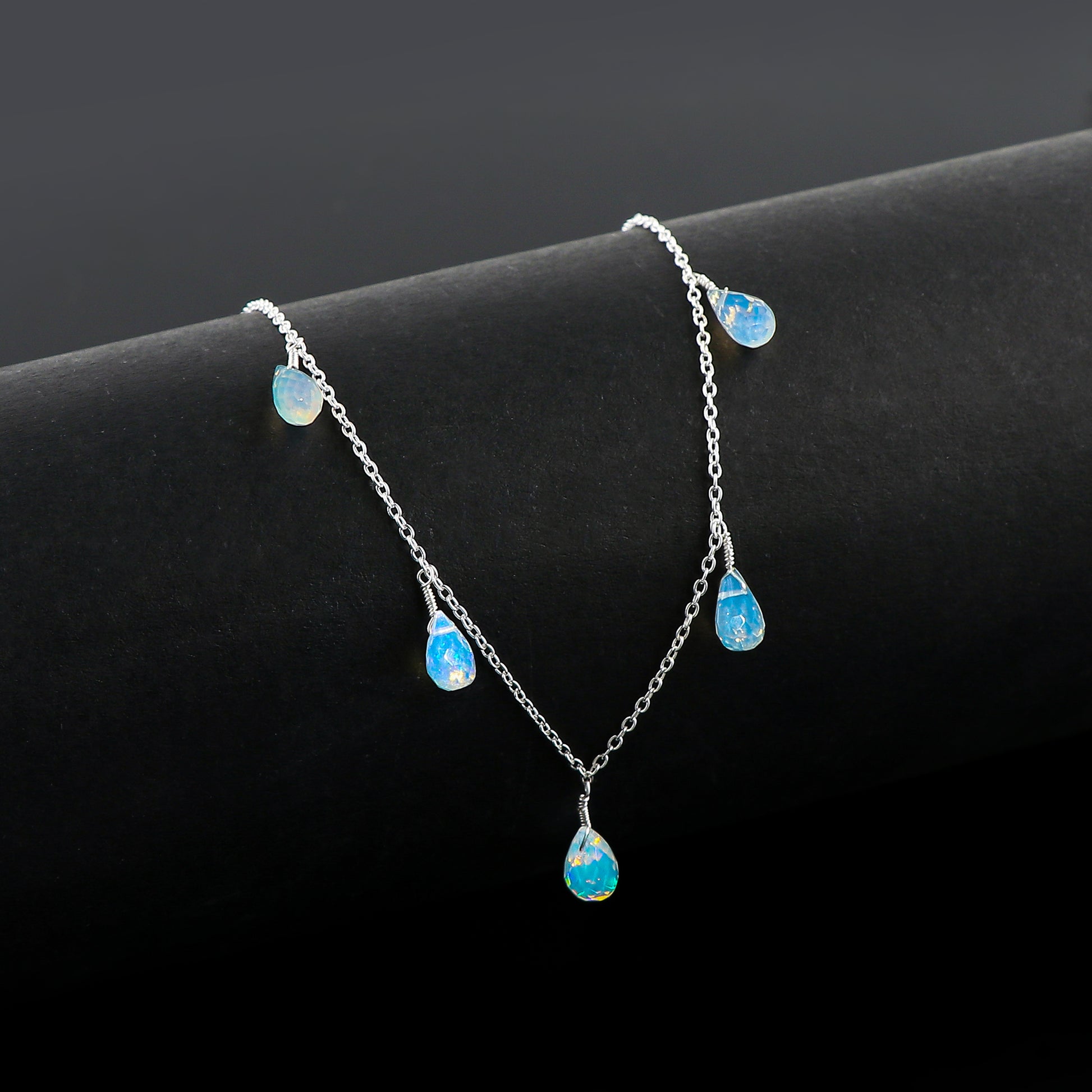 Shining Necklace in 22 Ct 7 Drop Ethiopian Opal polished with 925 Silver