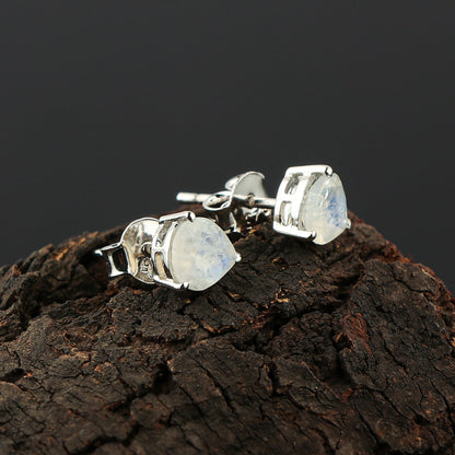 Elegant Moonstone Heart‑Shape Stud Earrings | Natural Gemstone Silver Jewelry