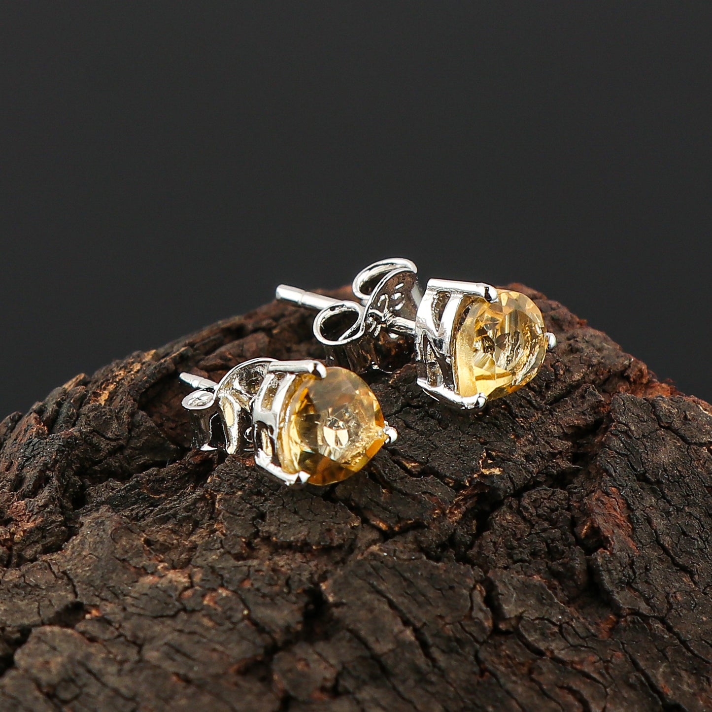 Natural Madeira Citrine Crystal Stud Earrings | Heart‑Shape Gem in 925 Sterling Silver