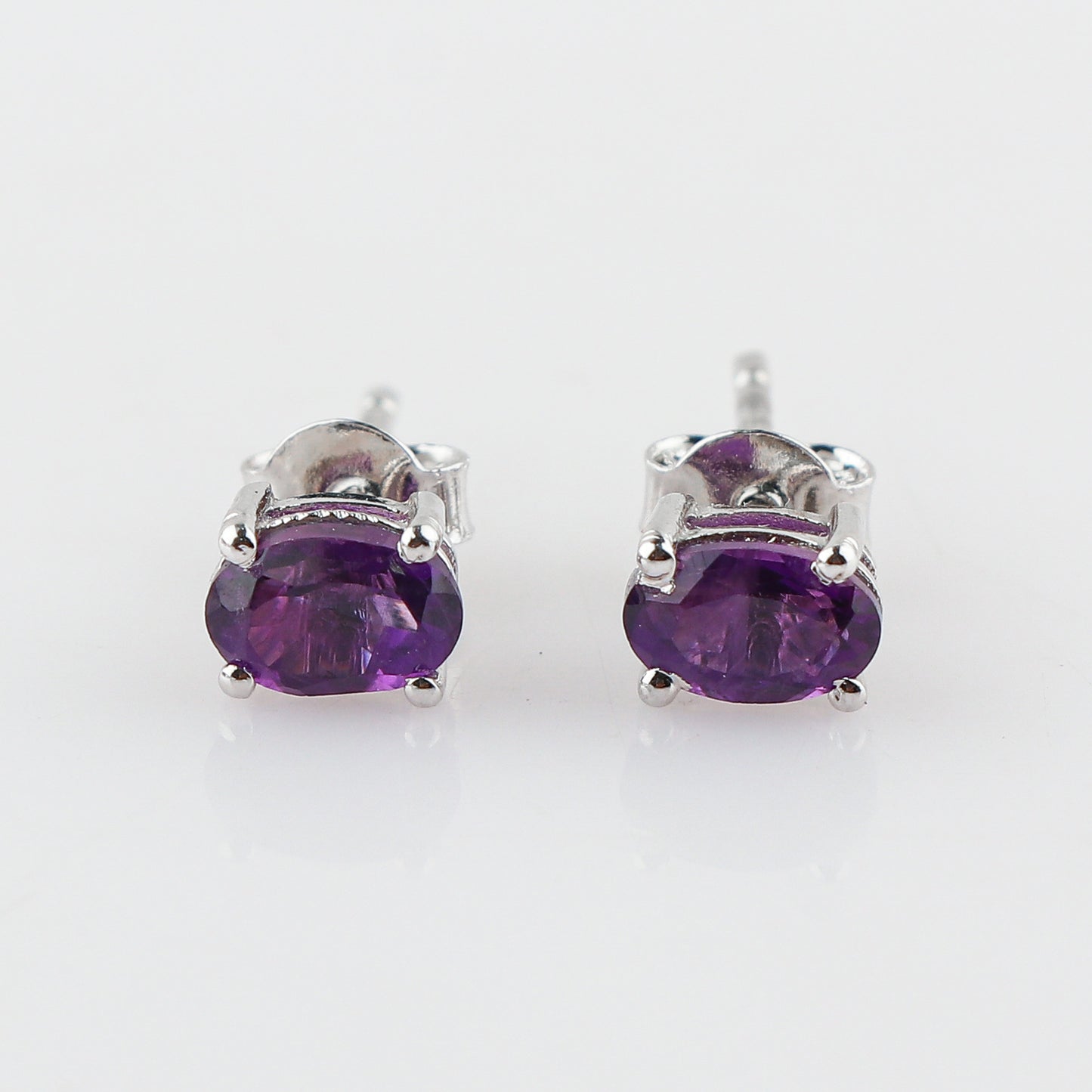 Natural Amethyst Crystal Oval Shape Brilliant Cut Gemstone Stud Earrings