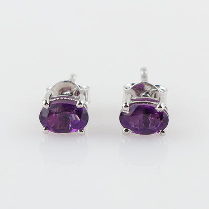 Natural Amethyst Crystal Oval Shape Brilliant Cut Gemstone Stud Earrings