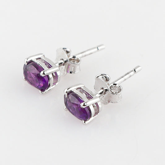Natural Amethyst Crystal Oval Shape Brilliant Cut Gemstone Stud Earrings