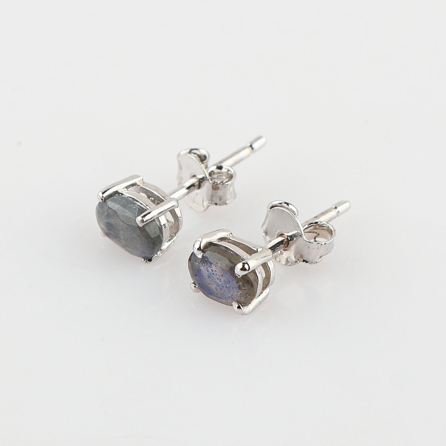 Natural Labradorite Crystal, Oval Shape 925 Silver Brilliant Cut Gemstone Stud Earrings