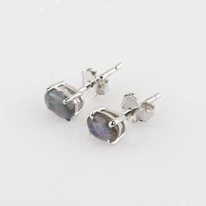 Natural Labradorite Crystal, Oval Shape 925 Silver Brilliant Cut Gemstone Stud Earrings