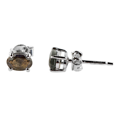 Natural Labradorite Crystal, Oval Shape 925 Silver Brilliant Cut Gemstone Stud Earrings