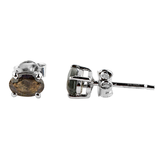 Natural Labradorite Crystal, Oval Shape 925 Silver Brilliant Cut Gemstone Stud Earrings