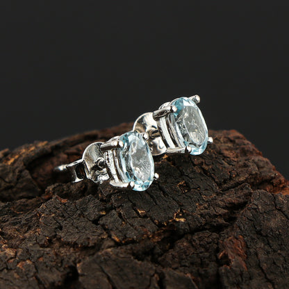 Natural Blue Topaz Oval Stud Earrings – 925 Silver, Brilliant Cut Gemstone Jewelry