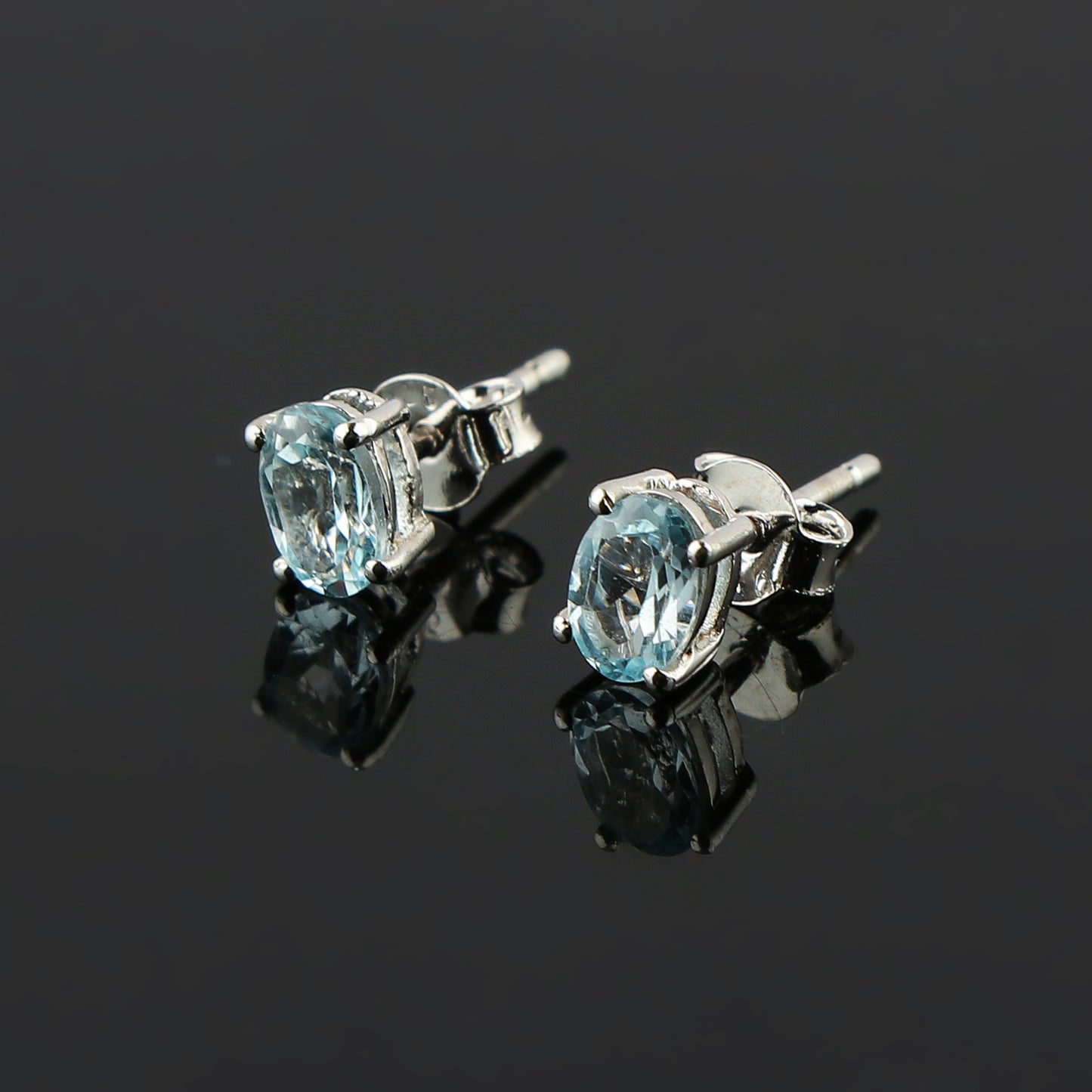 Natural Blue Topaz Oval Stud Earrings – 925 Silver, Brilliant Cut Gemstone Jewelry