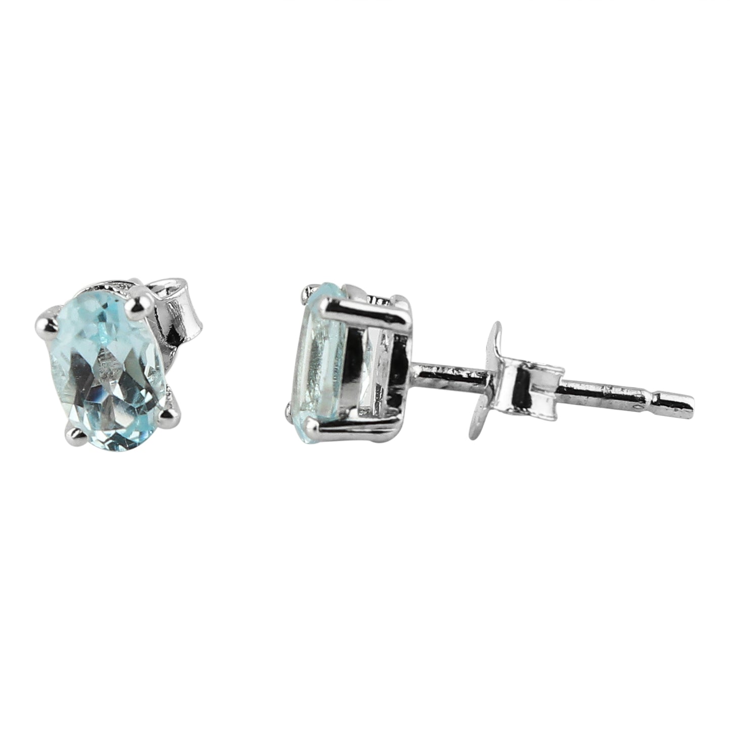 Natural Blue Topaz Oval Stud Earrings – 925 Silver, Brilliant Cut Gemstone Jewelry
