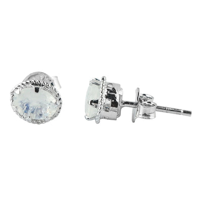 AA+ Natural Rainbow Moonstone Oval Stud Earrings |  silver plated | White Moonstone Jewelry for Women