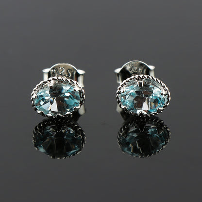Natural Sky Blue Topaz Crystal, 925 Sterling Silver Oval Shape Stud Earring For Women, Chakra Energy Healing Gemstone, Fine Crystal, Birthstone, Beautiful Women Simple Christmas Gift Jewelry