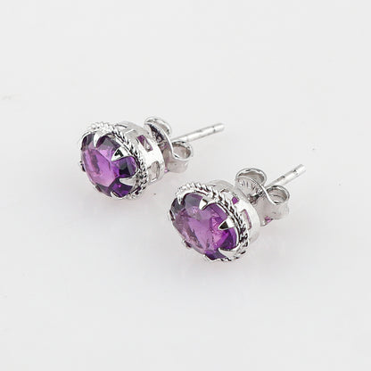 Natural Amethyst Crystals Oval Shape Stud Earring, Prong Setting, Chakra Energy Healing Gemstone, Real Crystal, Birthstone, Fine Gift Jewelry For Her Women, Girl, Love