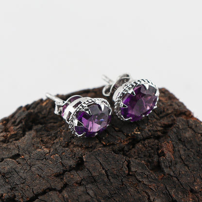 Natural Amethyst Crystals Oval Shape Stud Earring, Prong Setting, Chakra Energy Healing Gemstone, Real Crystal, Birthstone, Fine Gift Jewelry For Her Women, Girl, Love