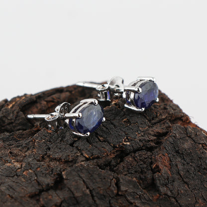 Natural Sapphire Crystals Oval Shape Stud Earring, Prong Setting, Chakra Energy Healing Gemstone, Real Crystal, Birthstone, Fine Gift Jewelry For Her Women, Girl, Love