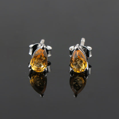 Natural Citrine Crystals Pear Shape Stud Earring, Prong Setting, Chakra Energy Healing Gemstone, Real Crystal, Birthstone, Fine Gift Jewelry For Her Women, Girl, Love