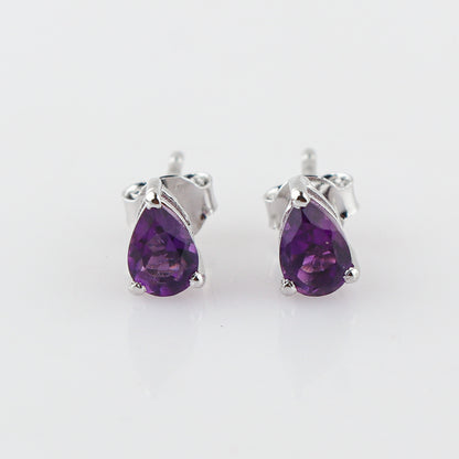 Natural Amethyst Crystals Pear Shape Stud Earring, Prong Setting, Chakra Energy Healing Gemstone, Real Crystal, Birthstone, Fine Gift Jewelry For Her Women, Girl, Love