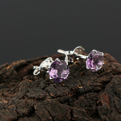 Natural Rose De France Crystals Round Shape Stud Earring, Prong Setting, Chakra Energy Healing Gemstone, Real Crystal, Birthstone, Fine Gift Jewelry For Her Women, Girl, Love