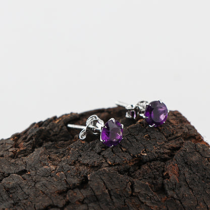 Natural Amethyst Crystals Round Shape Stud Earring For Women, Chakra Energy Healing Gemstone, Real Crystal, Birthstone, Beautiful Women Simple Christmas Gift Jewelry