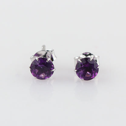 Natural Amethyst Crystals Round Shape Stud Earring For Women, Chakra Energy Healing Gemstone, Real Crystal, Birthstone, Beautiful Women Simple Christmas Gift Jewelry
