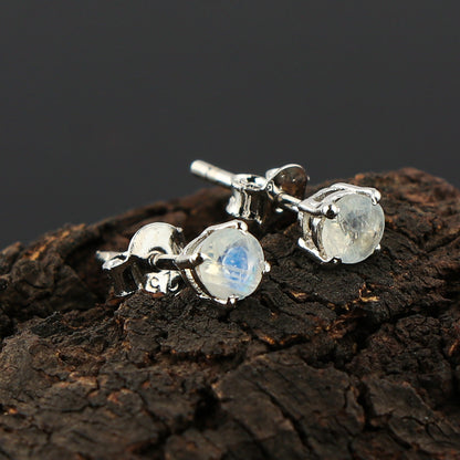 Natural Moonstone Crystals Round Shape Stud Earring, Prong Setting, Chakra Energy Healing Gemstone, Real Crystal, Birthstone, Fine Gift Jewelry For Her Women, Girl, Love