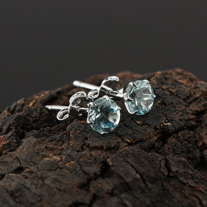 Natural Sky Blue Topaz Crystals Round Shape Stud Earring For Women, Chakra Energy Healing Gemstone, Real Crystal, Birthstone, Beautiful Women Simple Christmas Gift Jewelry