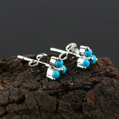 Natural TURQUOISE 3 STONE FLOWER Crystals Round Shape Stud Earring For Women, Blue Real Crystal Birthstone, Perfect for Gifting