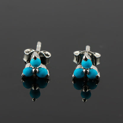 Natural TURQUOISE 3 STONE FLOWER Crystals Round Shape Stud Earring For Women, Blue Real Crystal Birthstone, Perfect for Gifting