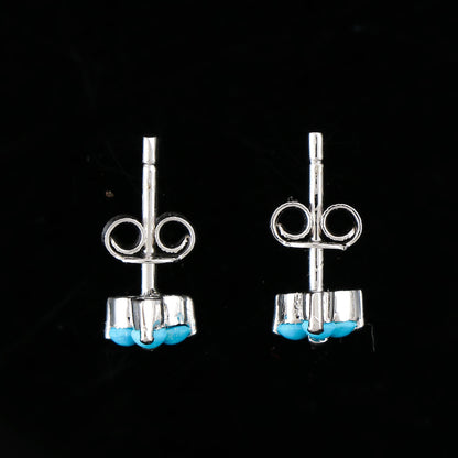 Natural TURQUOISE 3 STONE FLOWER Crystals Round Shape Stud Earring For Women, Blue Real Crystal Birthstone, Perfect for Gifting