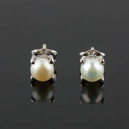Natural Pearl Round Stud Earrings for women in Cabochon Cut (6x6 mm) | 925 Sterling Silver | AA++ Quality
