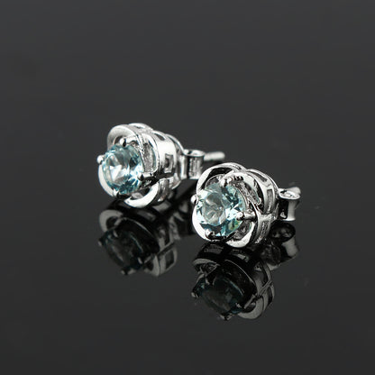 Natural Sky Blue Topaz Crystals Round Shape Stud Earring For Women, Chakra Energy Healing Gemstone, Real Crystal, Birthstone, Beautiful Women Simple Christmas Gift Jewelry