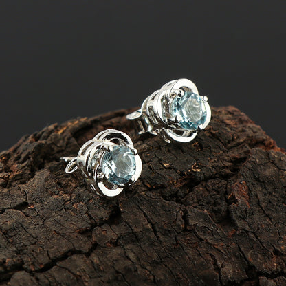 Natural Sky Blue Topaz Crystals Round Shape Stud Earring For Women, Chakra Energy Healing Gemstone, Real Crystal, Birthstone, Beautiful Women Simple Christmas Gift Jewelry