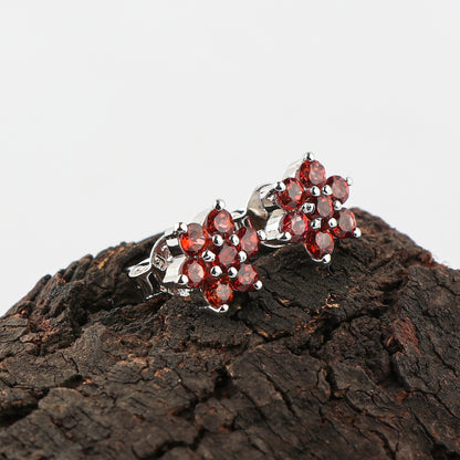 Brilliant Cut Garnet Round Stones Flower Design Sterling Silver Studs
