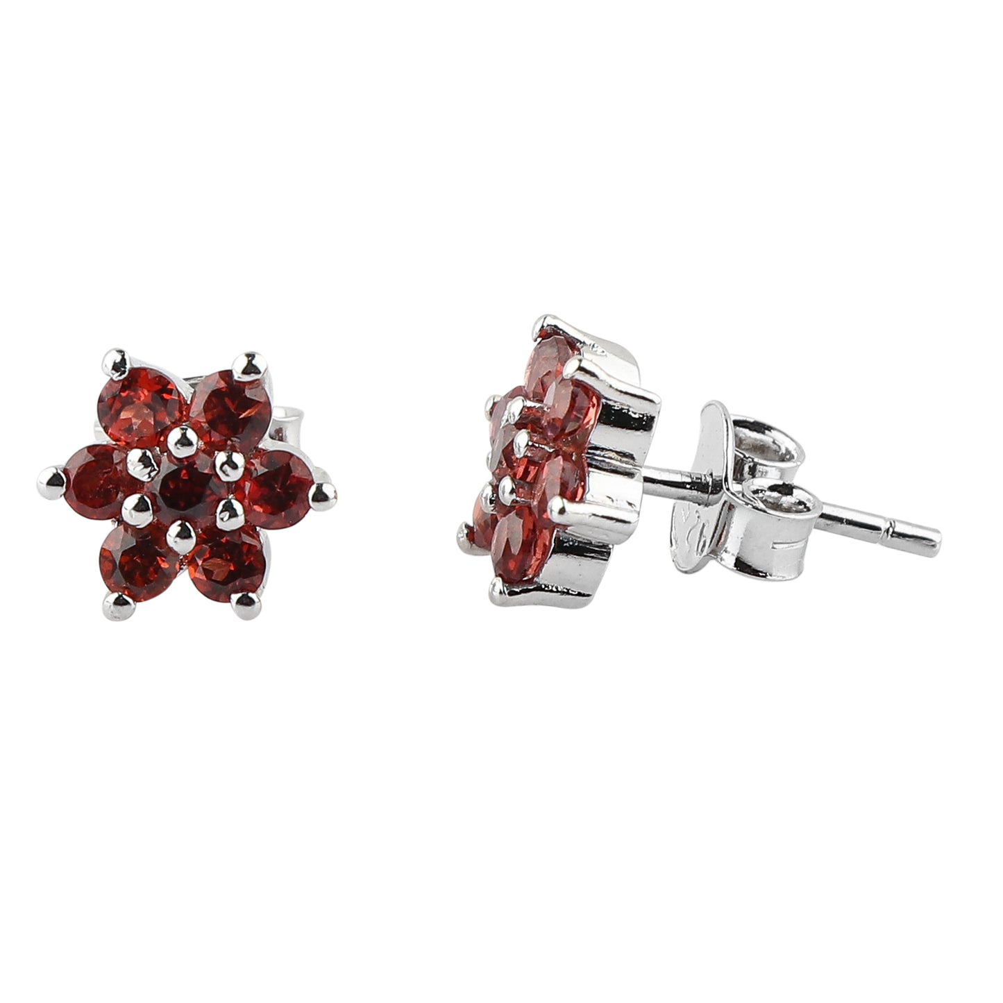 Natural Garnet Flower Design 7-Stone Stud Earrings in 925 Sterling Silver