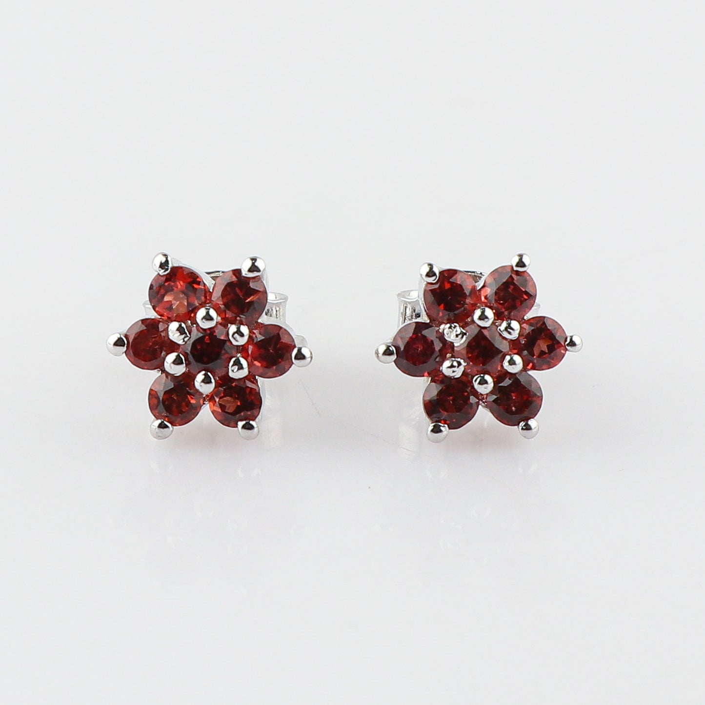 Delicate 7-Stone Garnet Flower Stud Earrings