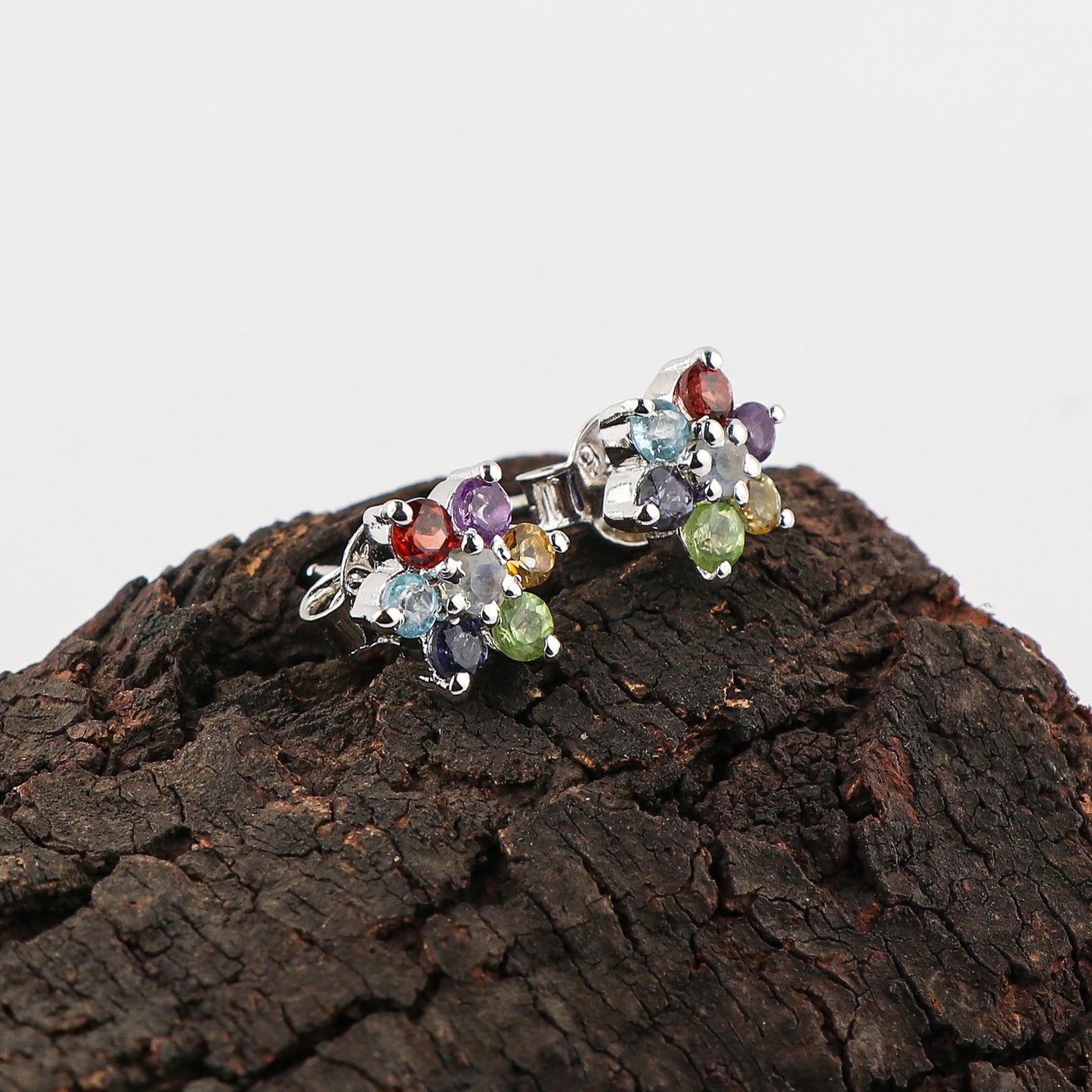 Brilliant Cut Multi-Color Gemstone 7 Flower Design Stud Earrings in 925 Sterling Silver