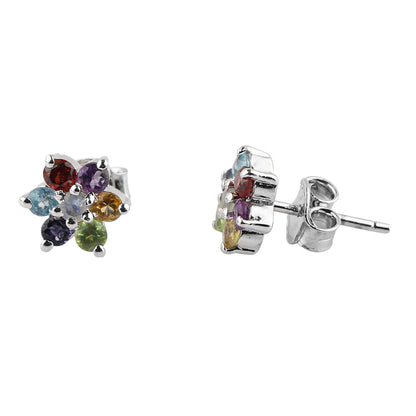 Natural Multi-Gemstone Flower Design 7-Stone Stud Earrings in 925 Sterling Silver