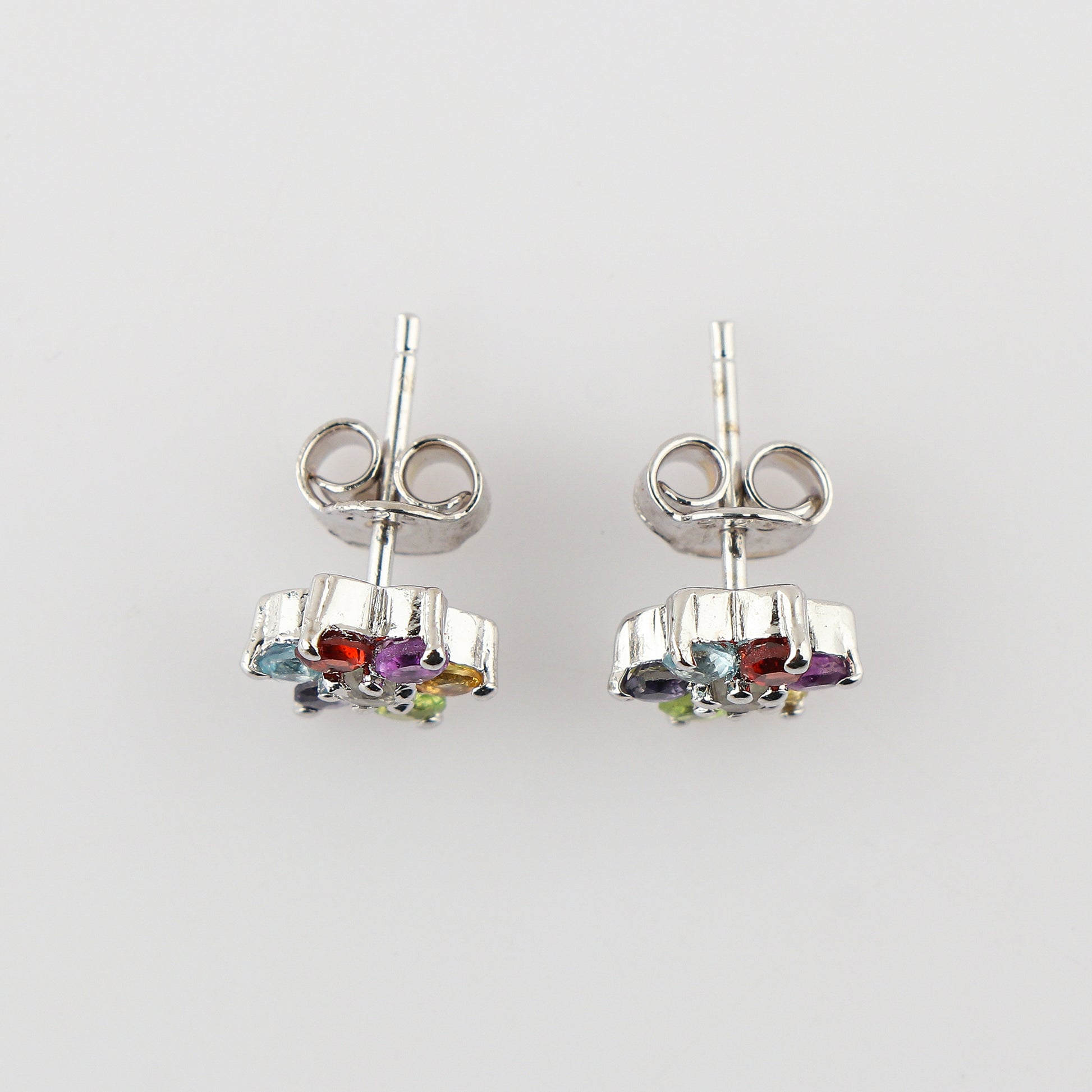 Fashion Upgradation with 7 Multi-color Gemstone Flower Stud Earrings in AA+, 925 Sterling Silver