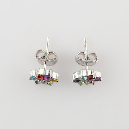 Fashion Upgradation with 7 Multi-color Gemstone Flower Stud Earrings in AA+, 925 Sterling Silver