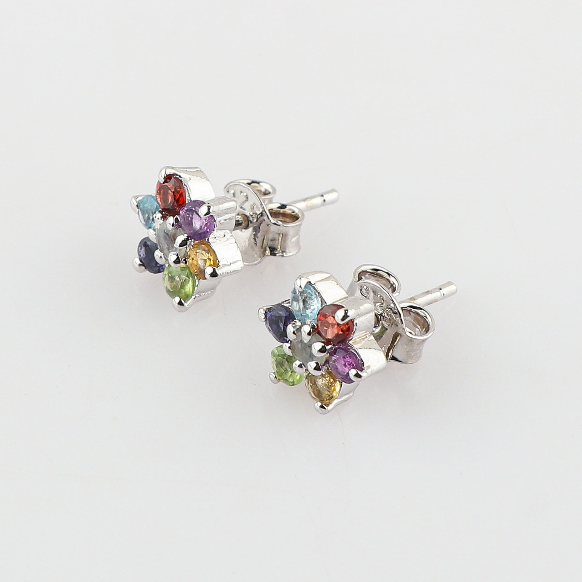 AA+ 7 Multi-color Gem Flower Stud Earrings for Women crafted from 925 Silver