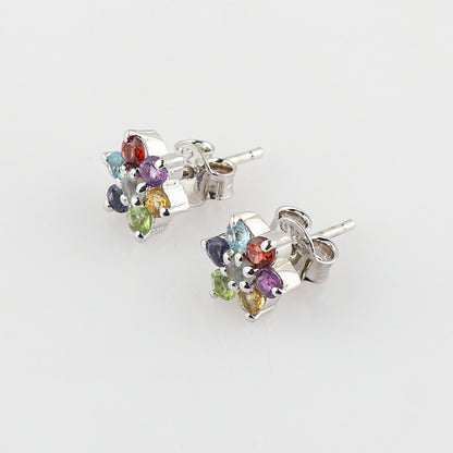 AA+ 7 Multi-color Gem Flower Stud Earrings for Women crafted from 925 Silver
