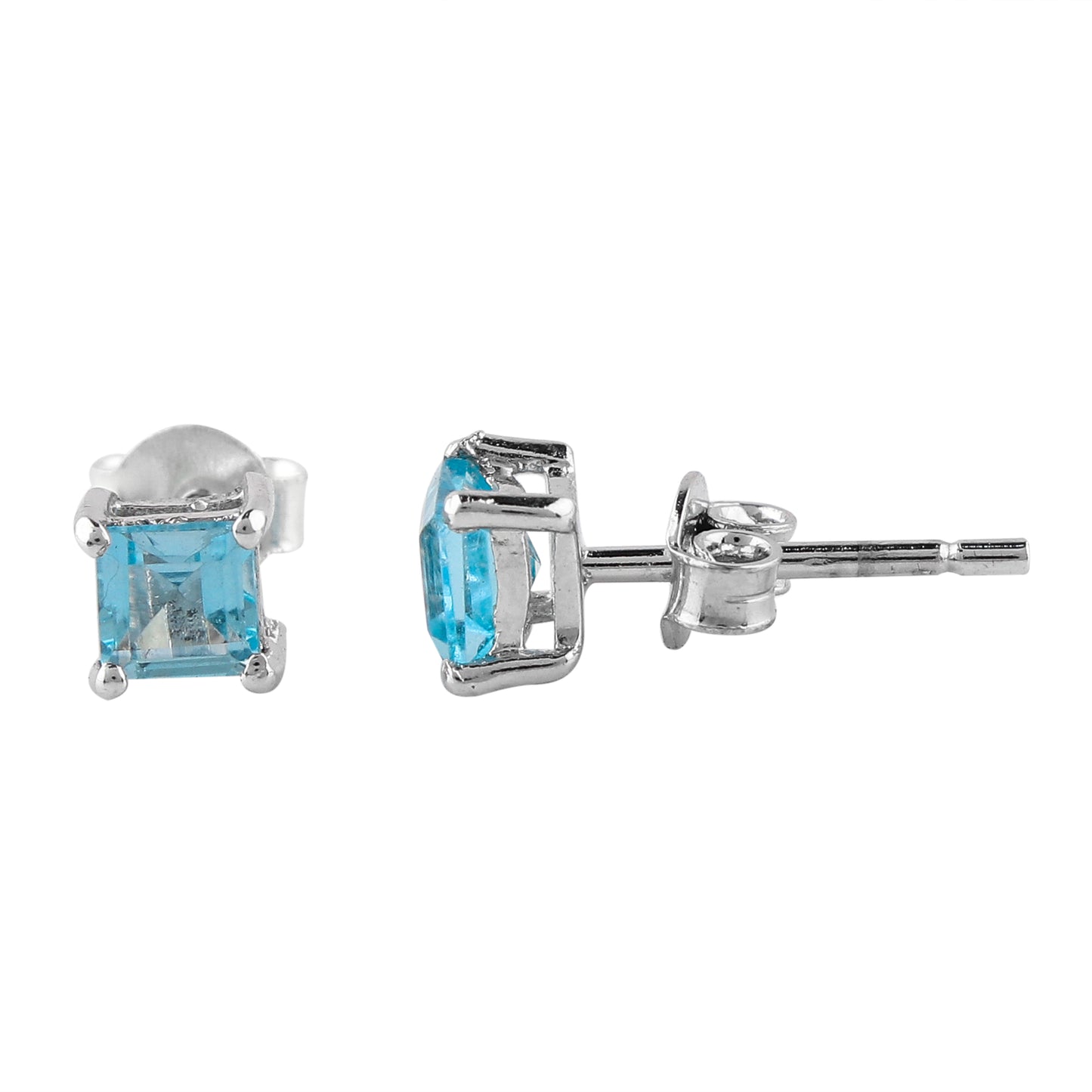 Natural Sky Blue Topaz 4x4mm Square Stud Earrings in 925 Sterling Silver