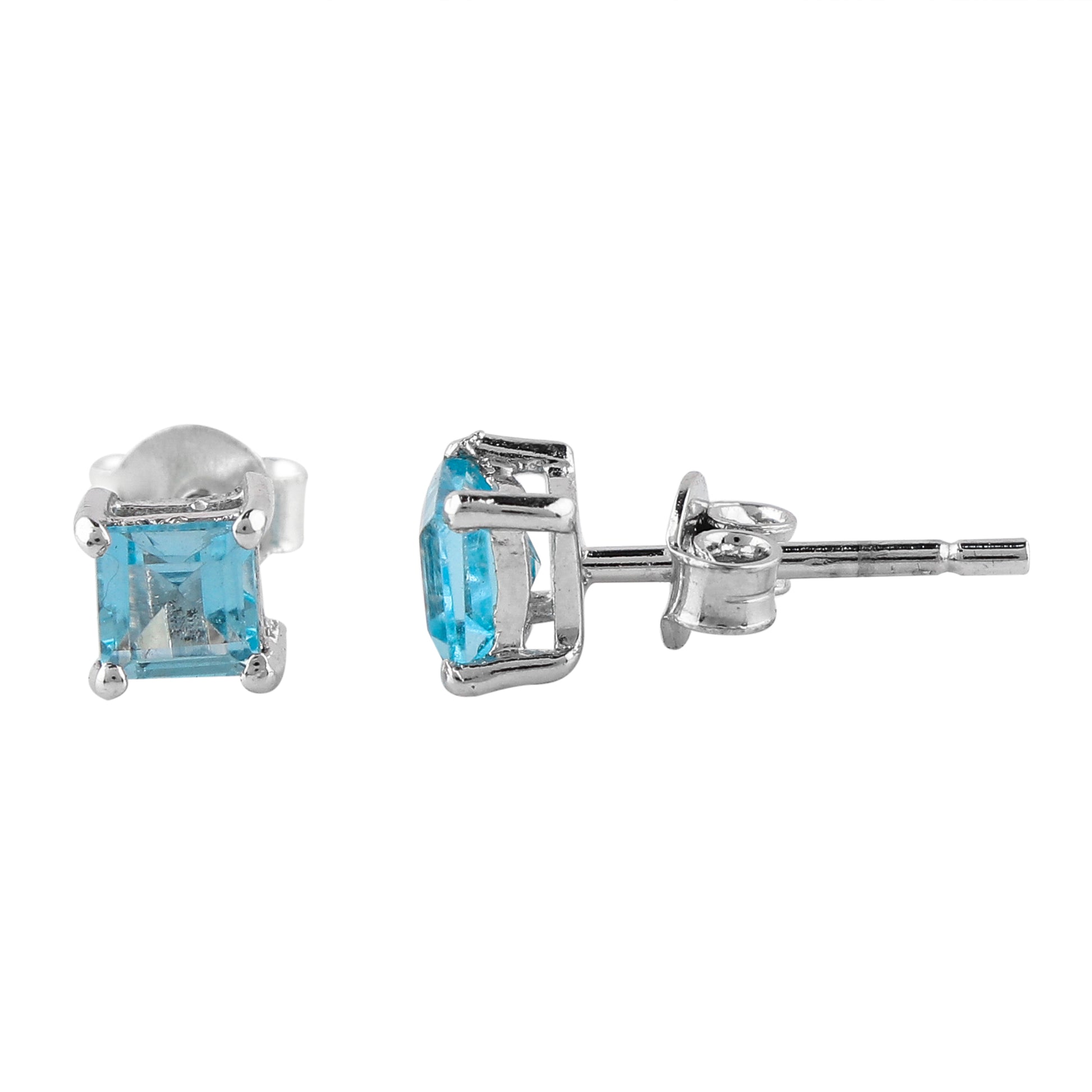 Natural Sky Blue Topaz 4x4mm Square Stud Earrings in 925 Sterling Silver