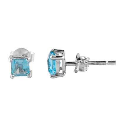 Natural Sky Blue Topaz 4x4mm Square Stud Earrings in 925 Sterling Silver