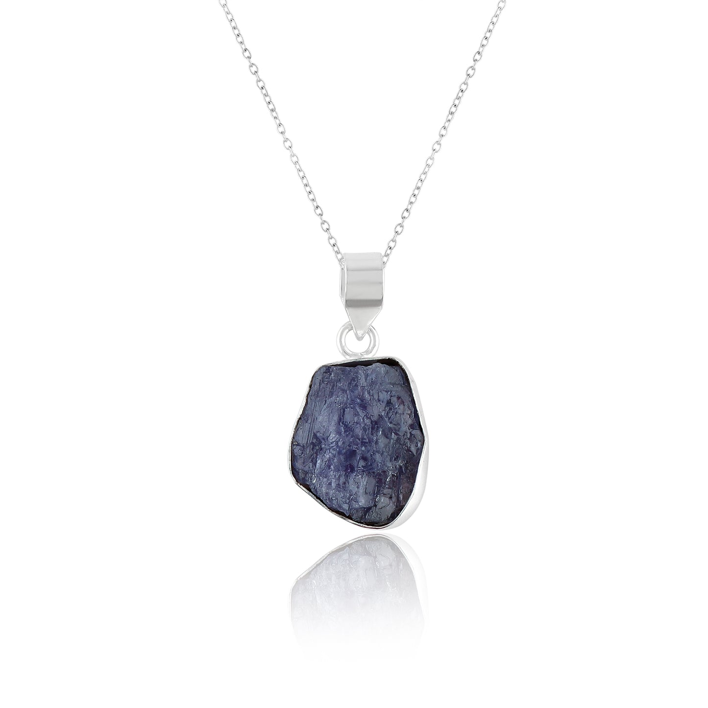 Natural tanzanite raw gemstone pendant in bezel setting displayed on an 18-inch silver-plated chain against a white background